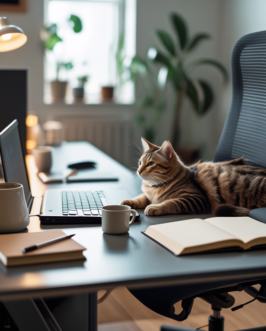Gato listrado deitado confortavelmente em uma cadeira ergonômica ao lado de um notebook ligado, com um ambiente de home office moderno e plantas ao fundo.