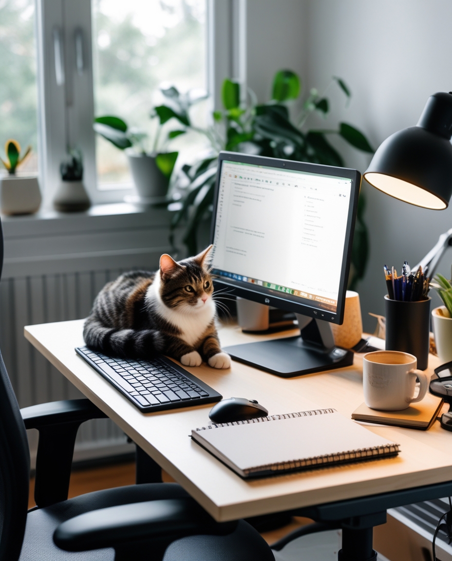Gato fofo deitado em uma mesa de home office com computador ligado, caneca de café e plantas, proporcionando um ambiente de trabalho aconchegante e inspirador.