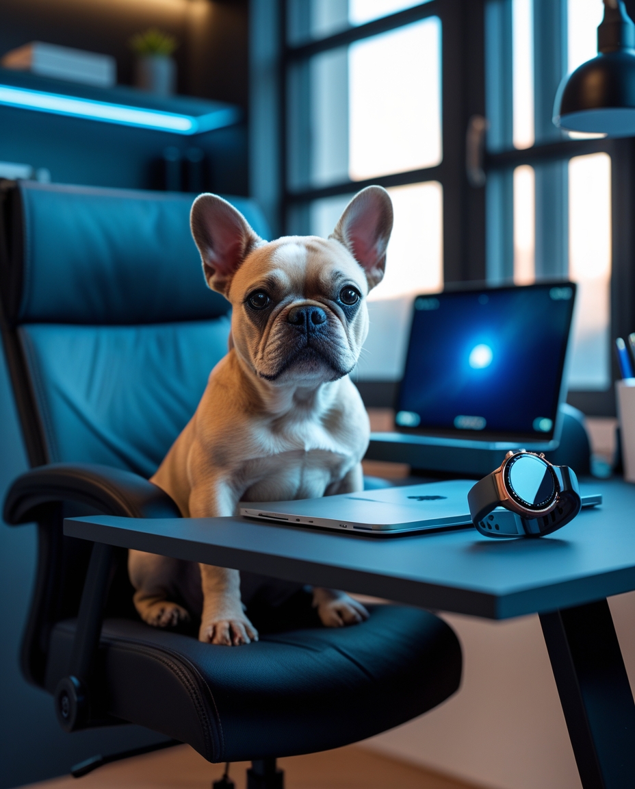 Cachorro Bulldog Francês sentado em uma cadeira de escritório, em frente a uma mesa com teclado mecânico RGB, laptop e fones de ouvido em um ambiente moderno de home office.