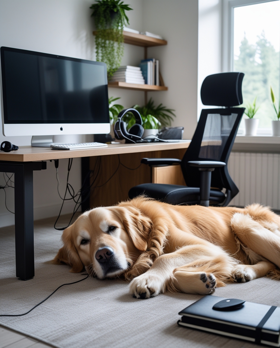 Golden Retriever dormindo ao lado de uma estação de trabalho moderna com cadeira ergonômica, computador all-in-one e fone de ouvido, criando um ambiente de home office confortável e produtivo.