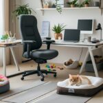 Home office pet-friendly bem organizado, com uma cadeira ergonômica, mesa ampla, notebook, plantas e áreas confortáveis para pets, incluindo caminhas macias, arranhadores e brinquedos espalhados. Dois gatos descansam em suas camas, enquanto um cachorro brinca no fundo.