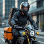 Entregador pilotando uma moto moderna em ambiente urbano, vestindo capacete fechado, jaqueta reforçada e mochila térmica para entregas. A cidade ao fundo está iluminada ao entardecer