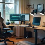 Imagem de um home office moderno e bem organizado. Há uma mesa espaçosa com dois monitores, um teclado, um mouse e uma luminária de mesa ajustável. Uma cadeira ergonômica preta está posicionada em frente à mesa. Plantas e quadros decoram o ambiente, que é iluminado por luz natural vinda de uma grande janela ao fundo